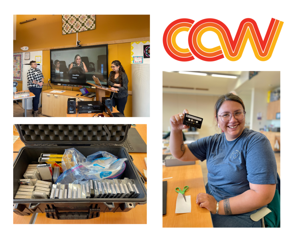 Collage of images from the Community Archiving Workshop in Kodiak, AK. Images include Television showing video clip, shipping case of video cassette tapes, participant holding an audio cassette tape, and CAW logo.