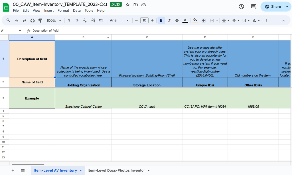 screenshot of the CAW inventory template. It includes descriptions for data fields.