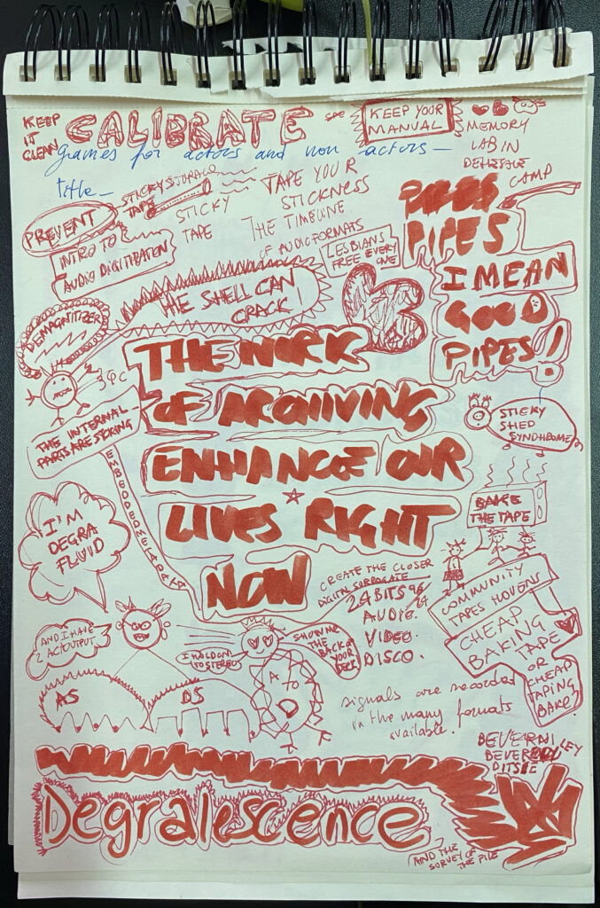 Notepad with handwritten notes and sketches. The central text reads, "The Work of Archiving Enhance Our Lives Right Now."